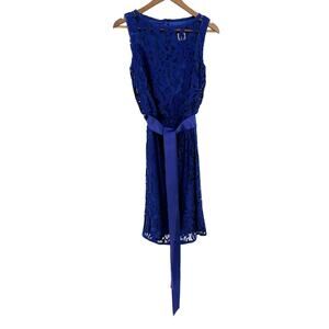 Tadashi Shoji Blue Floral Lace Overlay Tie Belt Dress Womens Size 8